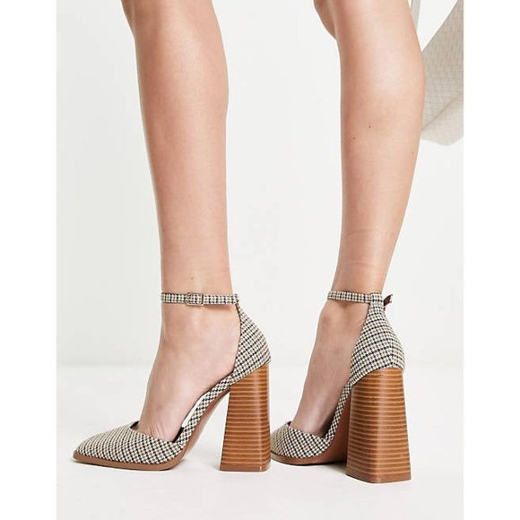 ASOS DESIGN Pyra Square Toe Block Chunky Heeled Shoes Heels Checkered Plaid - Picture 2 of 4